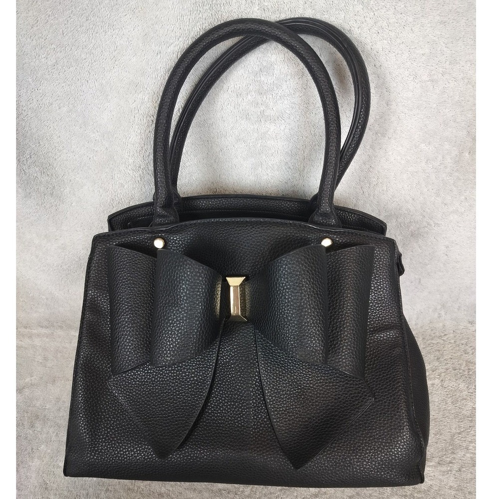 Pebbled Vegan Leather Bow Satchel Handbag Women Medium Black Gold‎ Trim
